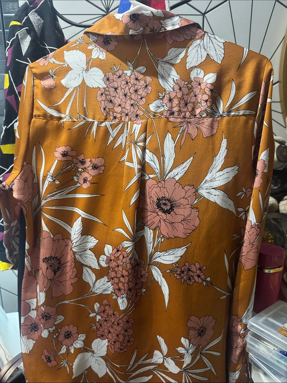 Express women’s Mustard Floral Button-Down Shirt with Pink and White Print Sz M